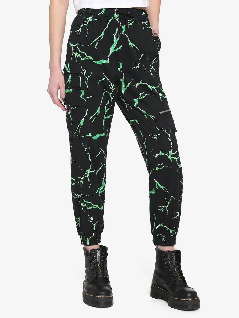 Hot Topic Black & Neon Green Lightning Print Cargo Joggers - Women